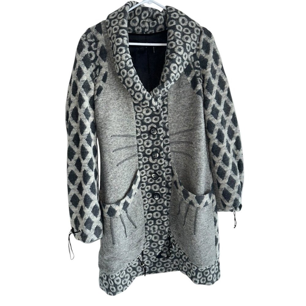 Jane & John Womens Wool Blend Trench Coat Boutique Sz S Gray Mixed Print Boho